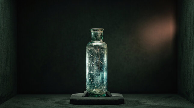 Old glass bottle displayed in dark museum showcase with dramatic spotlight, ancient artifact