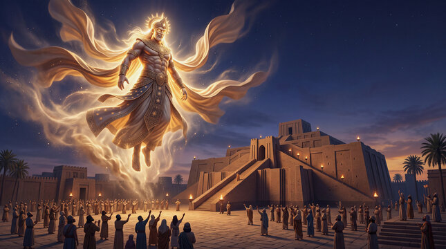 Ancient Mesopotamian god descending from the sky above a historic ziggurat city at sunset