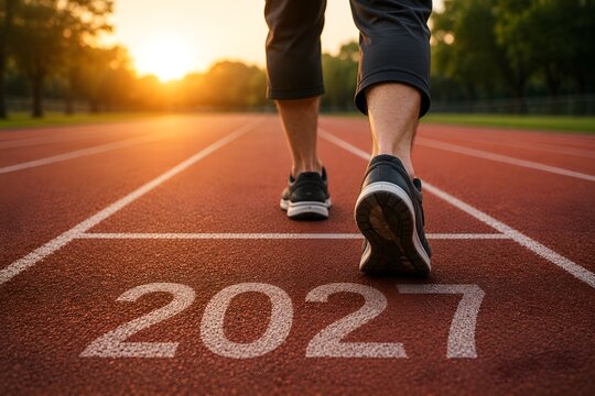 Person wearing running shoes standing on a track with the number 2027 painted on the ground during a beautiful golden sunset at the start of a new year of fitness and training