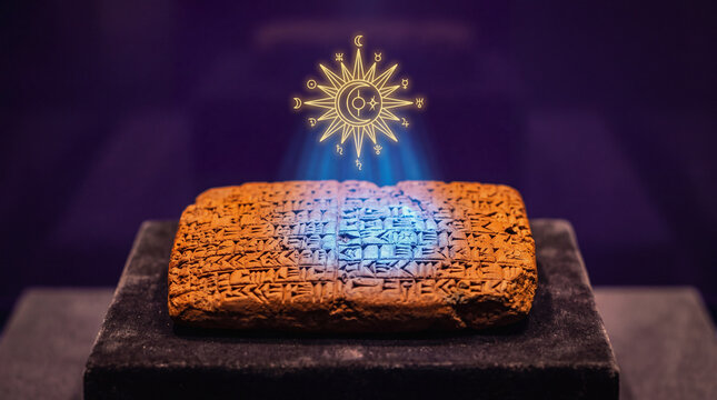 Ancient cuneiform clay tablet illuminated by blue laser light with mystical symbols above