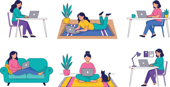 Women working on laptops in comfortable home environments representing remote work freelancing online studying and digital lifestyle