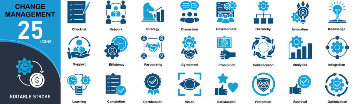 Change management Web Icon Set in Blue style Flat. Editable icons collection vector illustration