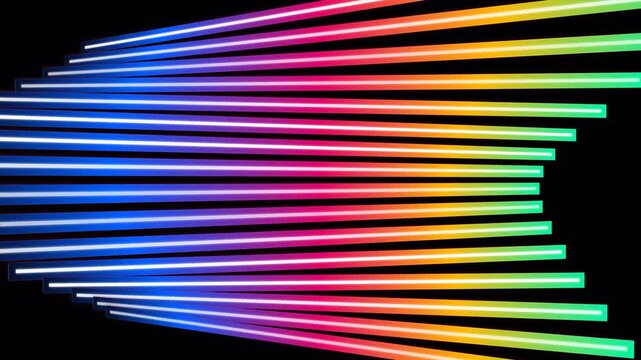 Abstract composition featuring parallel glowing rainbow neon light streaks