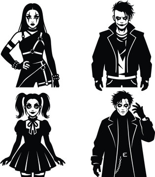 A array of stylized gothic characters featuring striking black and white illustrations of edgy youths wearing dramatic face paint and dark alternative fashion outfits.
