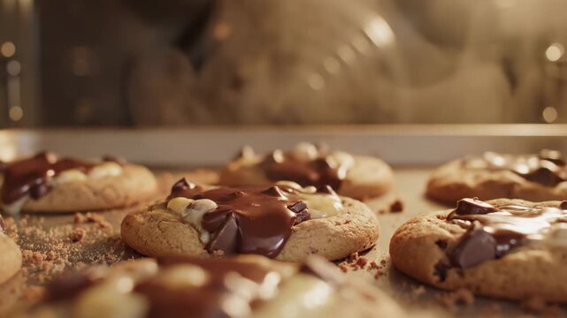 Chocolate chip cookies baking in oven, close-up timelapse