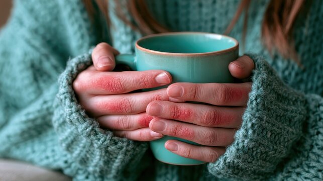 Cozy Warm Hands Holding a Turquoise Mug in a Knit Sweater with Frostbite Redness Indicating Cold Weather and Comfort of a Hot Drink