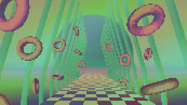 Pixelated neon rings flicker through a distorted green checkerboard tunnel