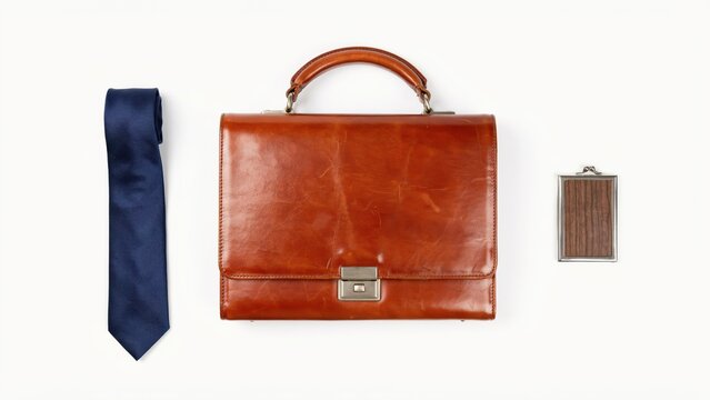 Leather briefcase, blue necktie, and small picture frame isolated on white