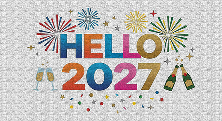 Obraz premium bold colorful typography, fireworks, stars, calendar, clock and confetti icons, festive modern isolated white background