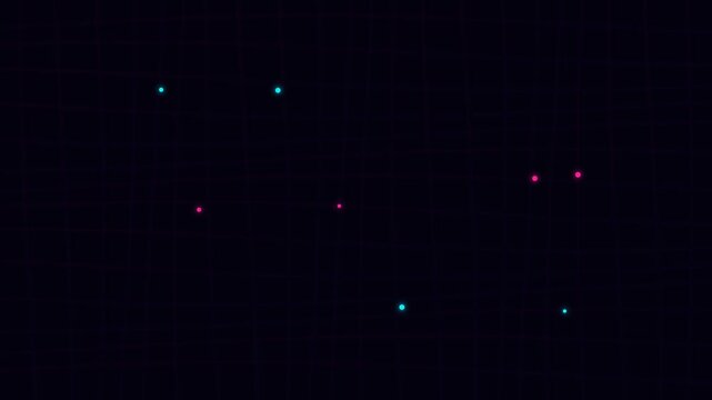 Abstract background with glowing neon dots on a dark digital grid pattern