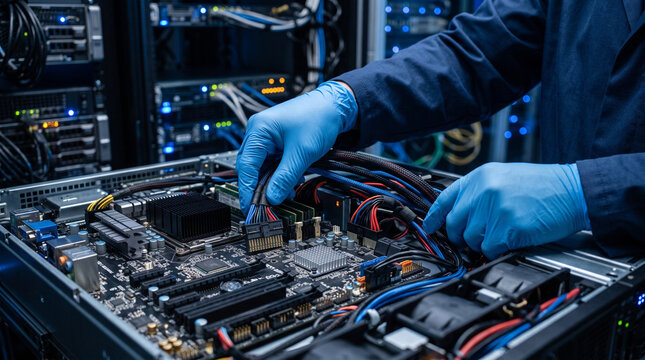 Close-Up of Technician Connecting Cables Inside a High-Performance Server Rack