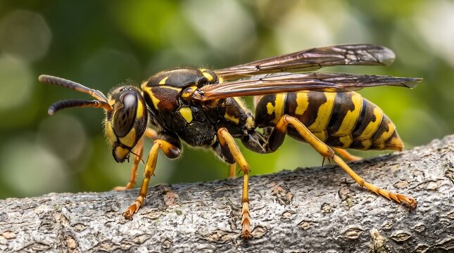 Macro yellow jacket wasp on tree branch, close up of common paper wasp in nature, stinging insect with yellow and black stripes