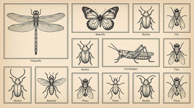 Vintage insect illustration set, antique biological sketches of butterfly and dragonfly, retro entomology collection on aged paper