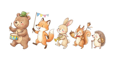 Obraz premium Watercolor illustration of a cheerful animal marching band featuring a bear with a drum, a fox holding flags, a rabbit with a horn, a squirrel with acorns, and a hedgehog.