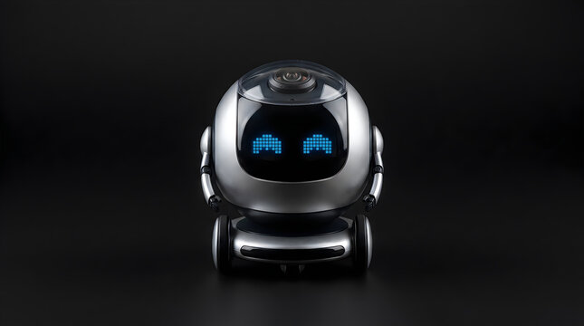 A sleek modern silver autonomous robot with an expressive digital face and panoramic camera lens isolated on a clean dark black background