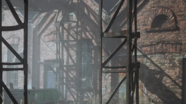Scaffolding surrounds an old brick building. Shadows cast on the walls create patterns. The atmosphere suggests neglect and time passing. Cloudy weather adds to the scene.