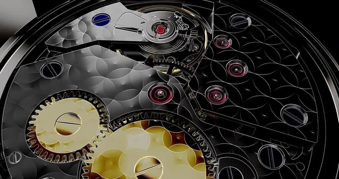 High tech wireframe blueprint evolving into a luxury open back swiss watch mechanism.