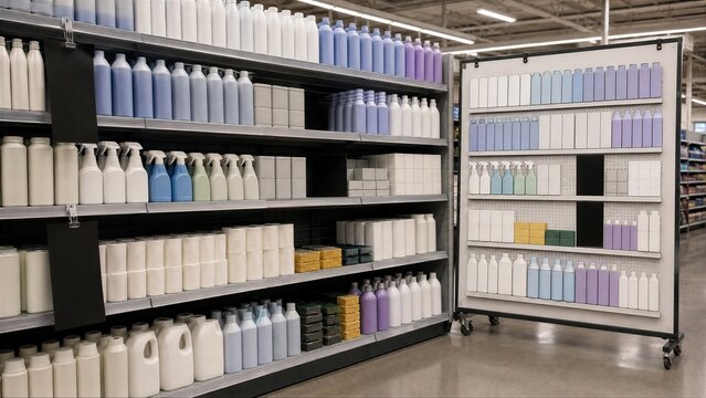 Retail Aisle with Color-Coded Product Bottles and Merchandising Display