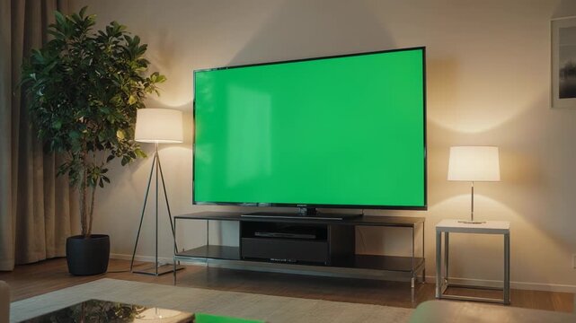 Modern living room with green screen TV setup