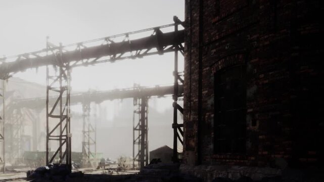 Old pipes and structures are visible in a foggy environment. The remnants of a factory are seen in the background. Shadows are prominent as sunlight breaks through the mist.