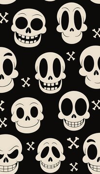 Cute cartoon skull pattern on dark background for design