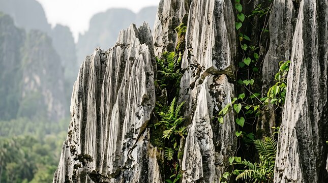 Closeup of sharp limestone karst rock formations with lush green ferns and vines in a tropical landscape