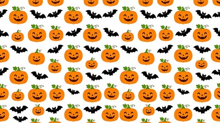 Fototapeta premium Halloween themed background pattern with pumpkins and bats