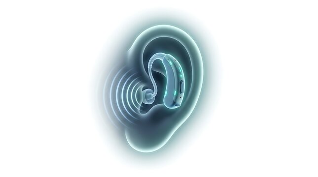 Advanced Hearing Aid Device on Human Ear Illustration with Sound Waves for Audiology Concept