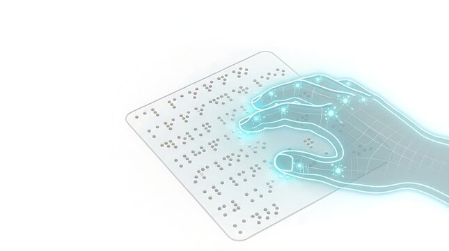 Futuristic Digital Braille Reader with Glowing Wireframe Hand for Blind and Visually Impaired Persons