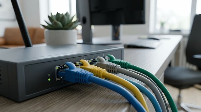 Ethernet Cables Connected to Network Router Port in Modern Workspace ethernet cable network router internet connection workspace setup home office router ports network cables patch cord data