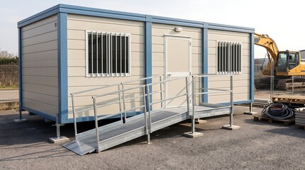 Naklejka premium Portable construction office container with accessibility ramp. Modular site cabin for industrial workspace. Prefabricated temporary building unit.
