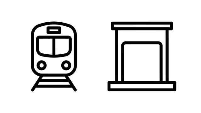 Modern commuter train on tracks and railway station building outline icon