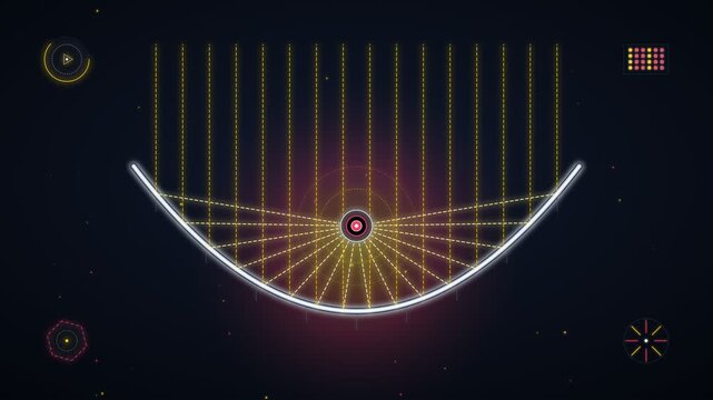 Abstract scientific illustration of light rays reflecting on a curved mirror with focal point