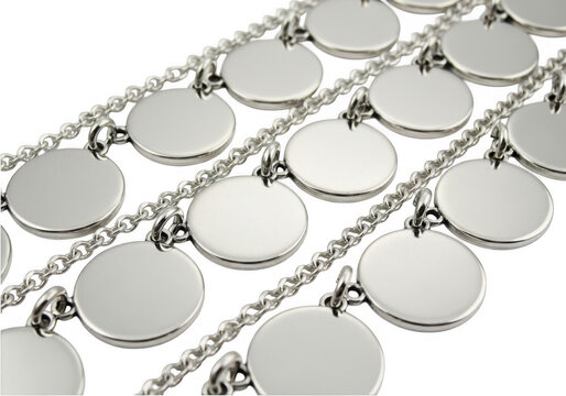 Shiny silver metal coin necklace with round charms isolated on transparent background