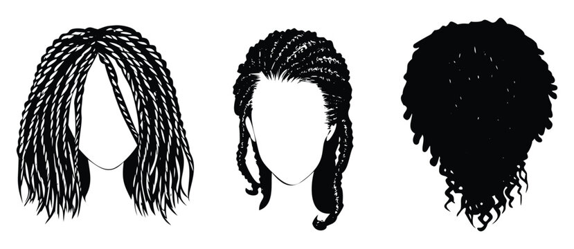 Vector silhouettes women braided dreadlocks and afro curly hair styles for beauty fashion graphic design.