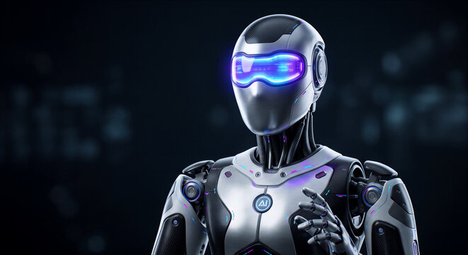 Portrait of a futuristic humanoid AI robot with a glowing digital visor against a dark background