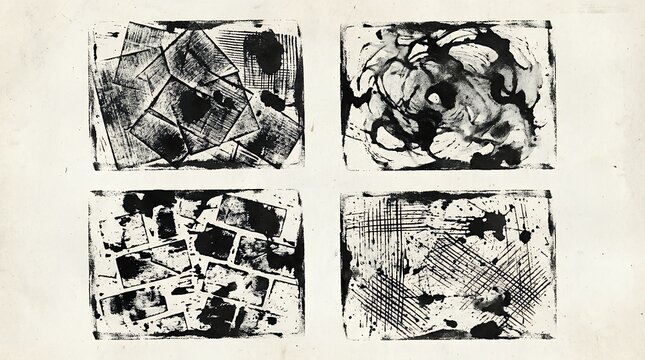 Grunge relief printing layered rectangle textures collection featuring black and white linocut artistic ink stains and uneven edges linocut relief print texture printmaking grungy ink stamp black and