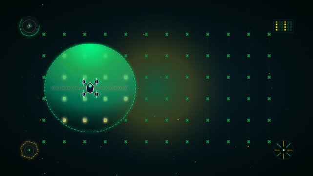 Futuristic digital interface with glowing green radar circle and data grid on dark background