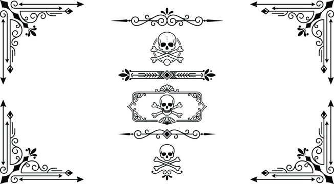 Vintage Halloween vector border set featuring gothic decorative dividers with  skull and ornamental branches.