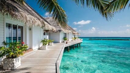 Fototapeta premium Luxury Overwater Bungalows at a Tropical Island Resort