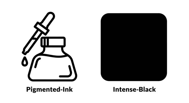Pigmented ink bottle with dropper and intense black swatch icon vector