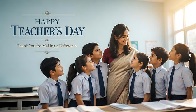 Happy teachers day banner featuring an indian school teacher in a saree with her students education classroom children greeting