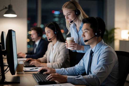 Multiracial call center staff works late at night, wearing headsets. Team members focus on computers, offering customer support. Supervisor offers coffee, assisting colleague.