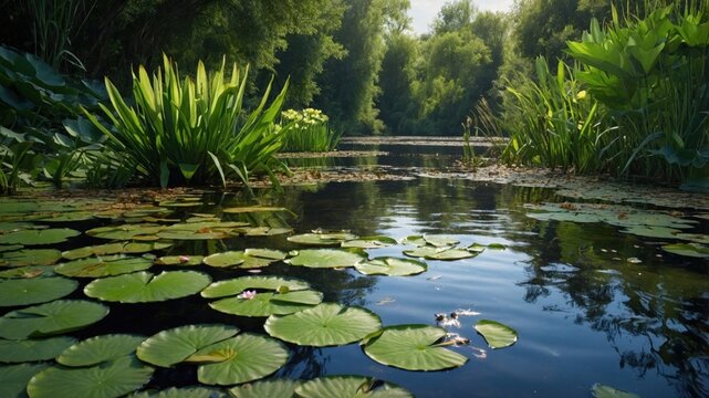 Green water lilies floating on a calm pond in the forest
