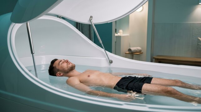 A man relaxing during a float therapy session inside a white pod