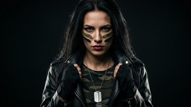 Portrait of a fierce woman wearing dog tags and a camouflage top with a black leather jacket.