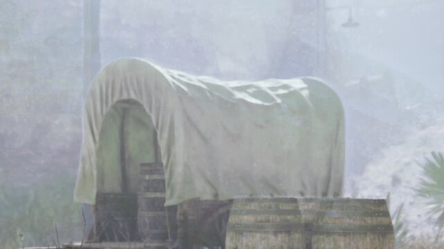 A wagon covered with a cloth is placed next to wooden barrels. The scene shows a misty area with rocky hills and a few plants visible. The time appears to be early morning.
