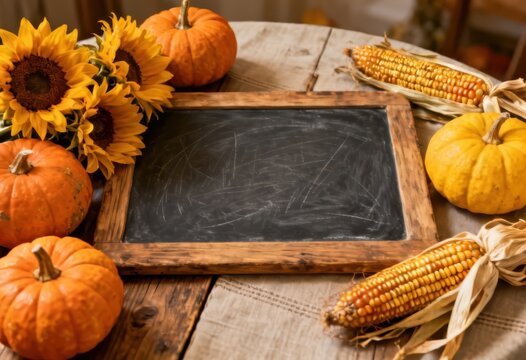 Autumn harvest display featuring pumpkins sunflowers corn and a wooden chalkboard on
