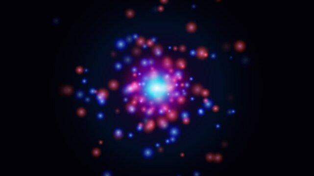 Abstract visualization of glowing subatomic particles in a dark space