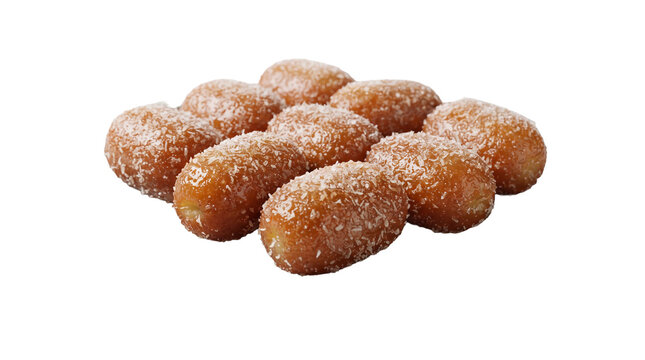 Delicious traditional Bengali chomchom sweet dessert coated with coconut flakes isolated on transparent background